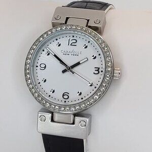 Caravelle Ladies Dress Watch By Bulova Crystal Bezel Reversible Strap 32mm